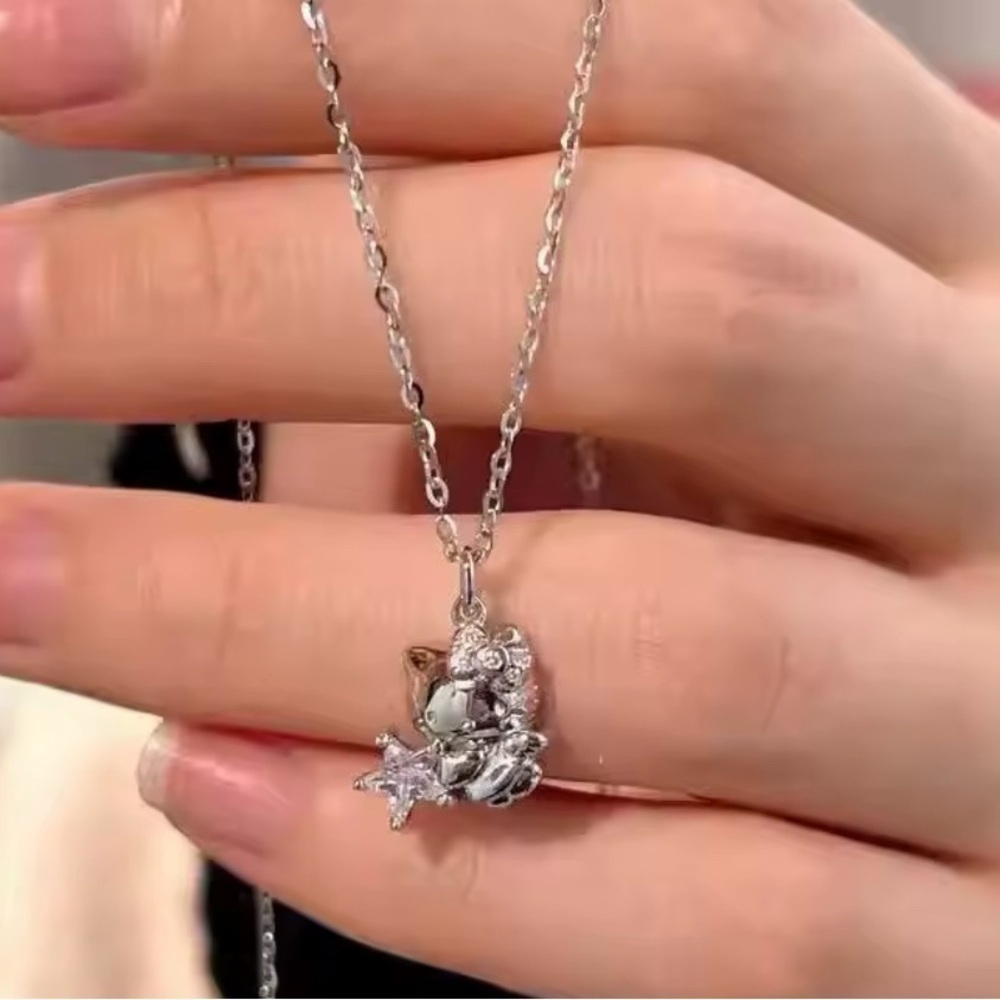 COPY - 925 Sterling Silver Hello Kitty Angel Holding Diamond Star Pendant Neck… - Picture 3 of 8